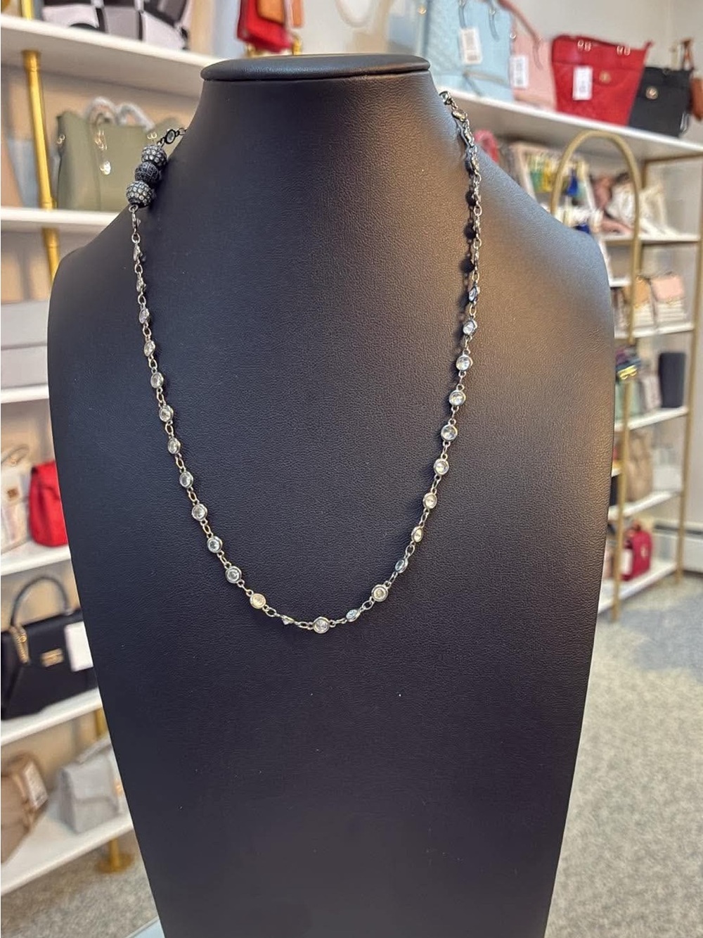 Pave Bead & Crystal Station Long Necklace - Silver - Picture 2 of 6